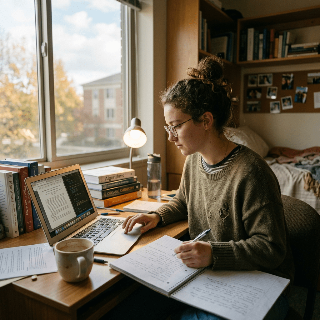 Student writing notes and working on a laptop at a desk by a window