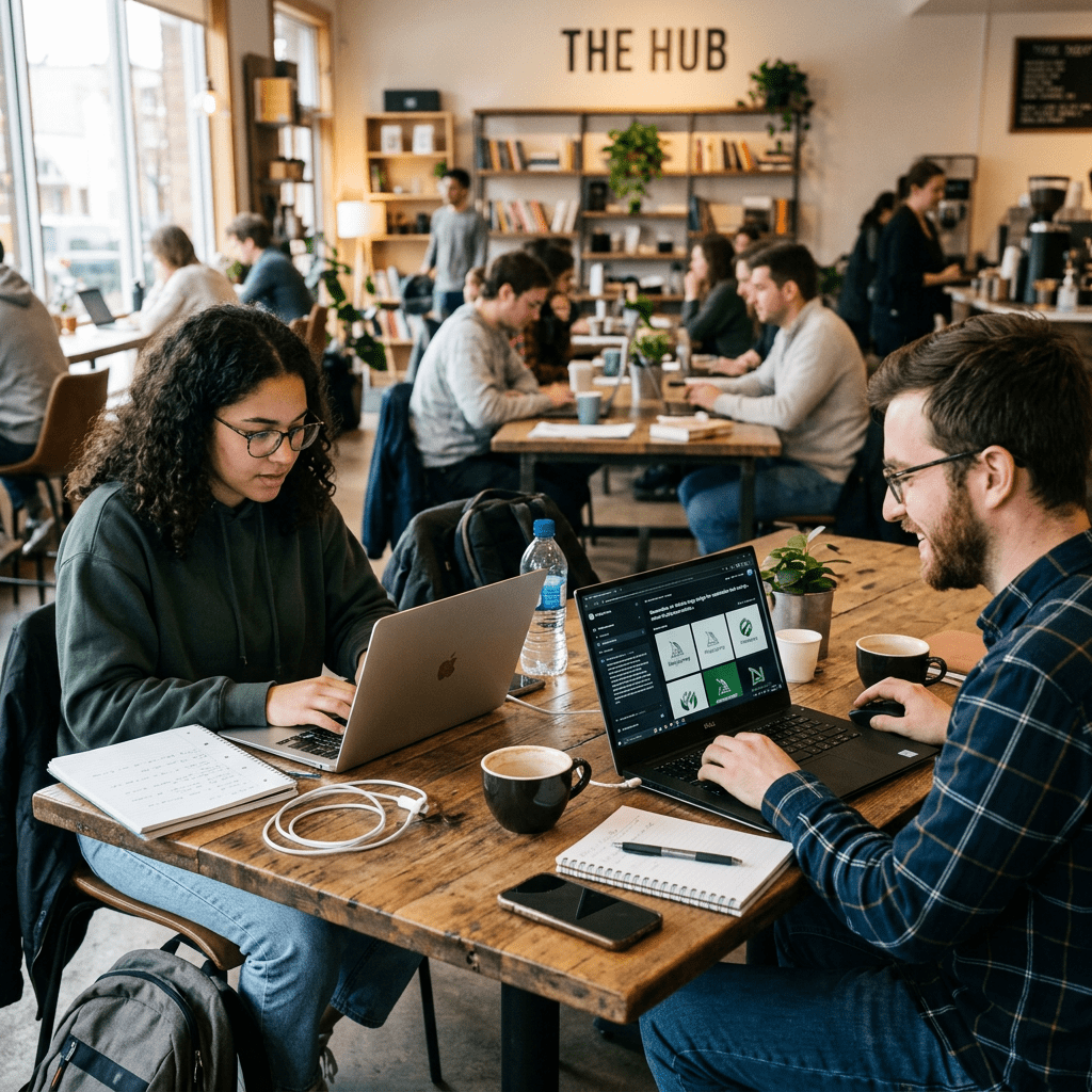 Individuals using laptops and taking notes in a busy coworking café