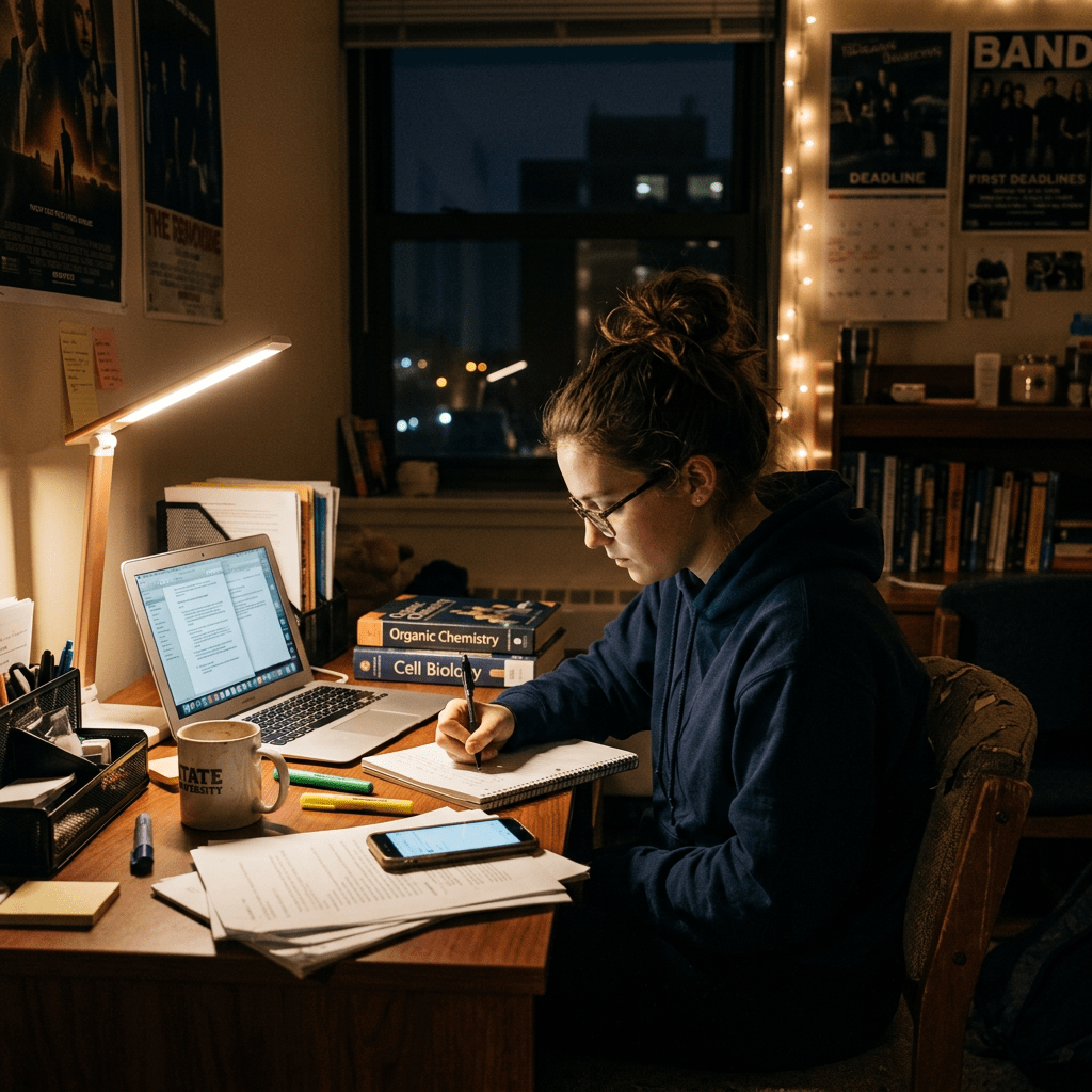 Student writing notes at a desk with textbooks, laptop, and phone at night