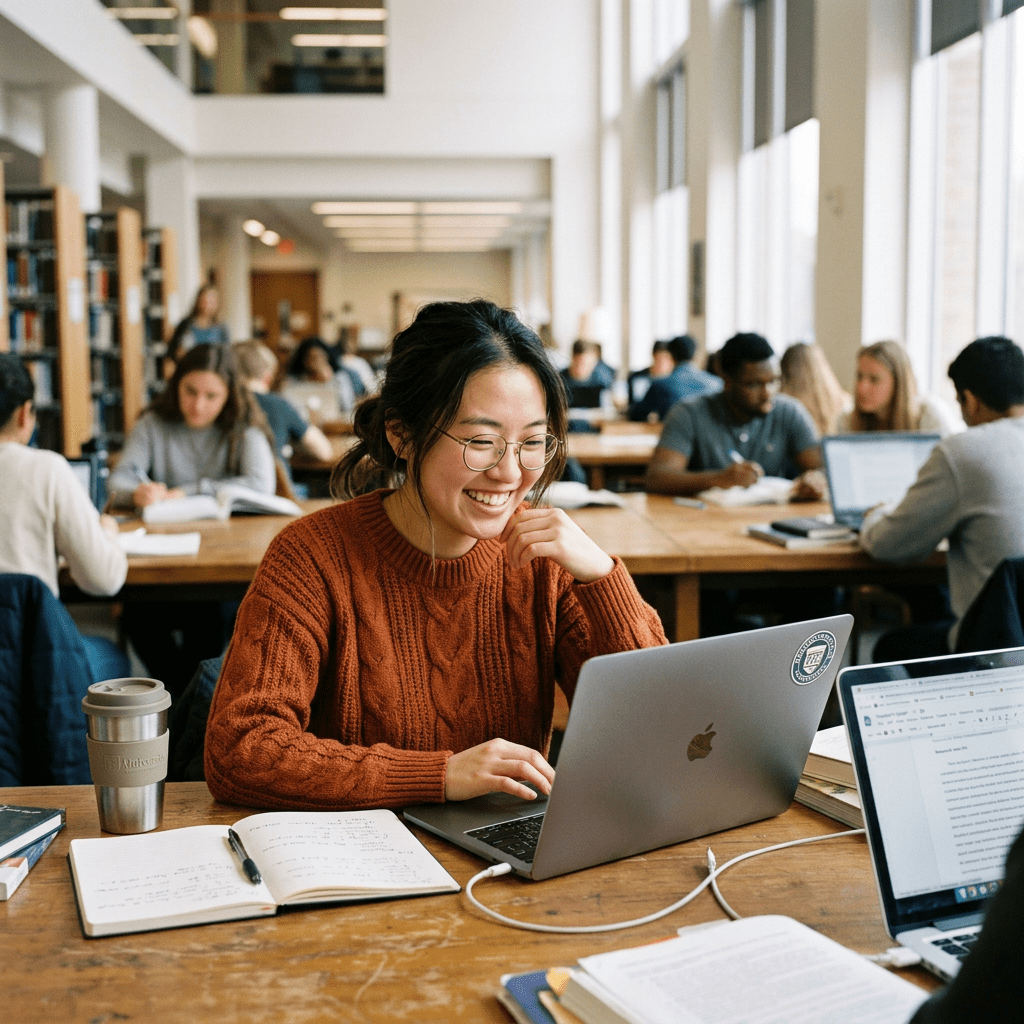 Student wearing glasses and an orange sweater using a laptop at a library table with books and notes