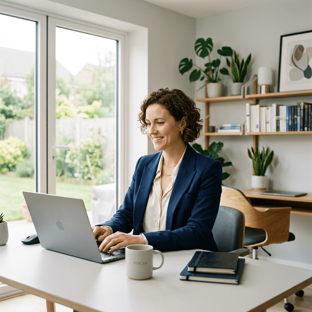 Woman in blue blazer typing on laptop at home office desk with plants and bookshelves